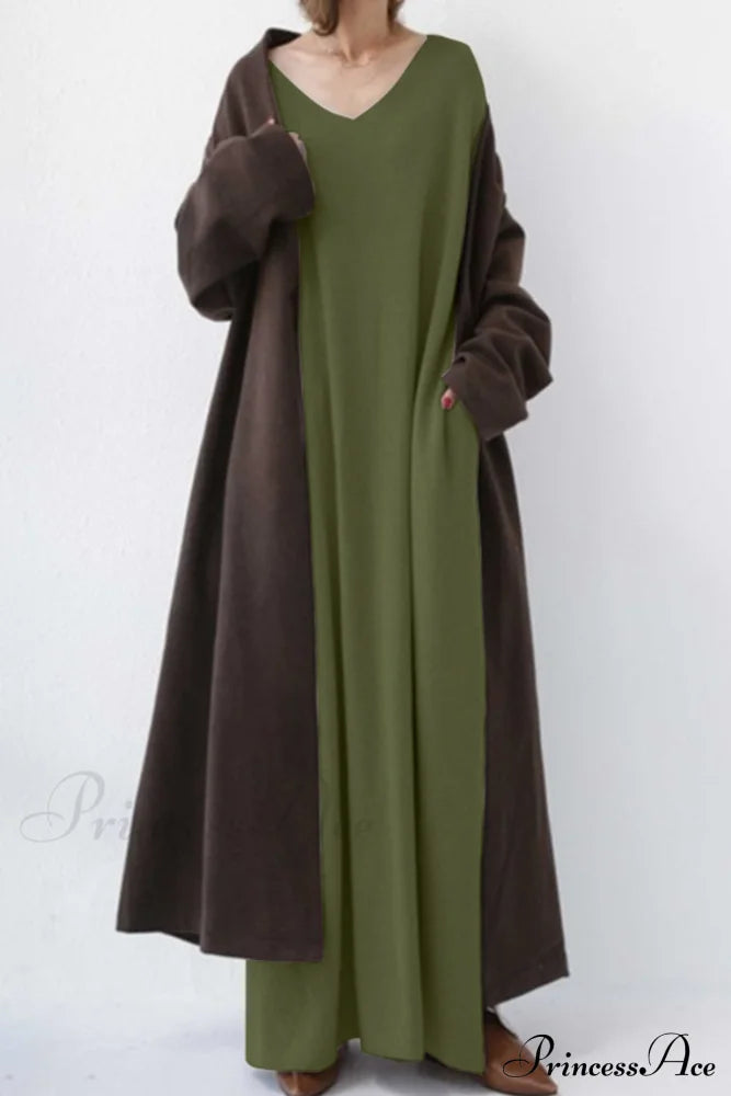 V Neck Sweatshirt Dress With Slit Hem Army Green / Xl Midi Dresses