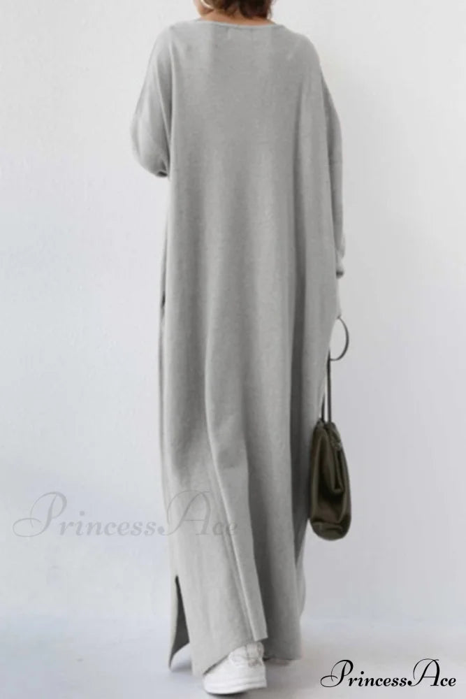 V Neck Sweatshirt Dress With Slit Hem Grey / 4Xl Midi Dresses