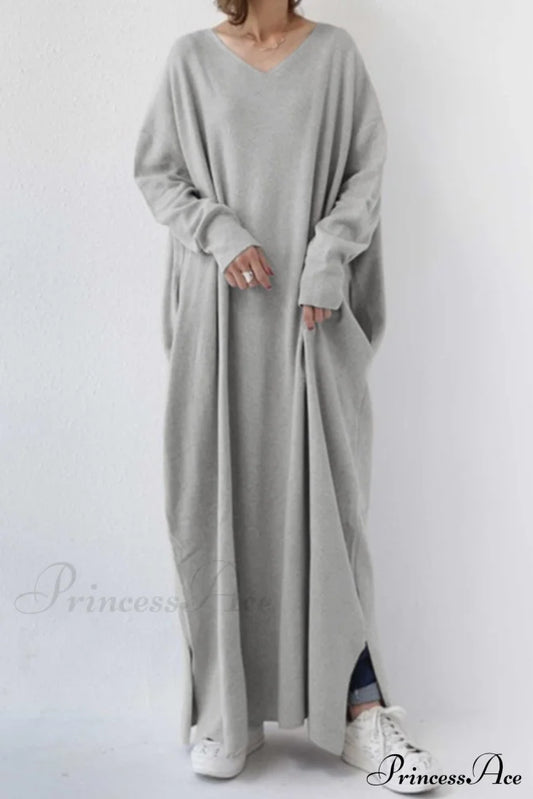 V Neck Sweatshirt Dress With Slit Hem Grey / S Midi Dresses