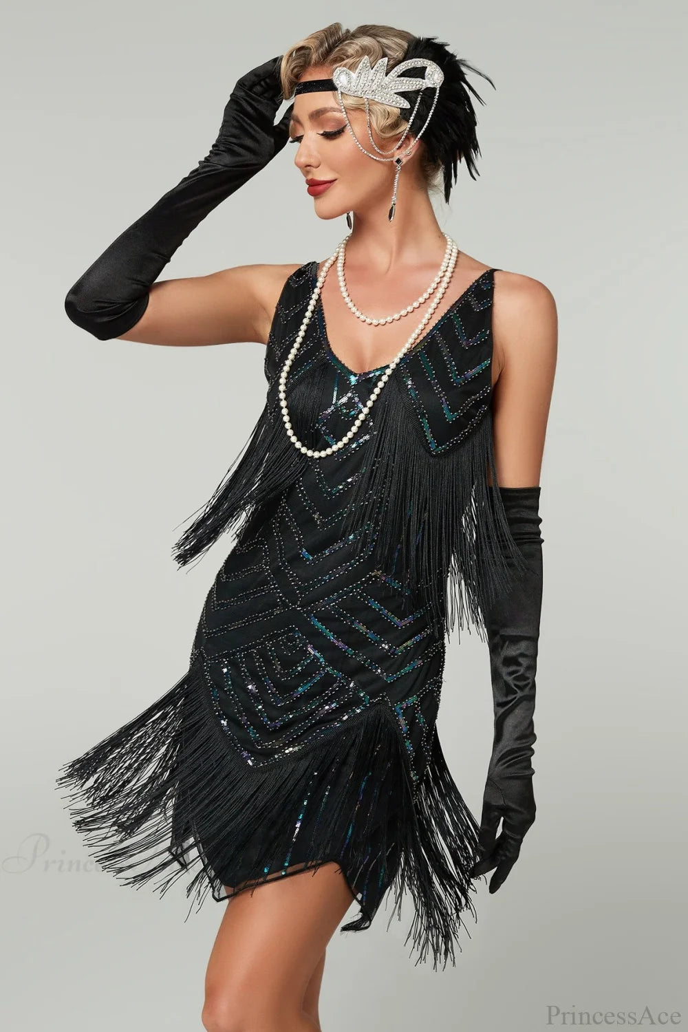 V-Neck Tassel Sequin Party Dress Black / S