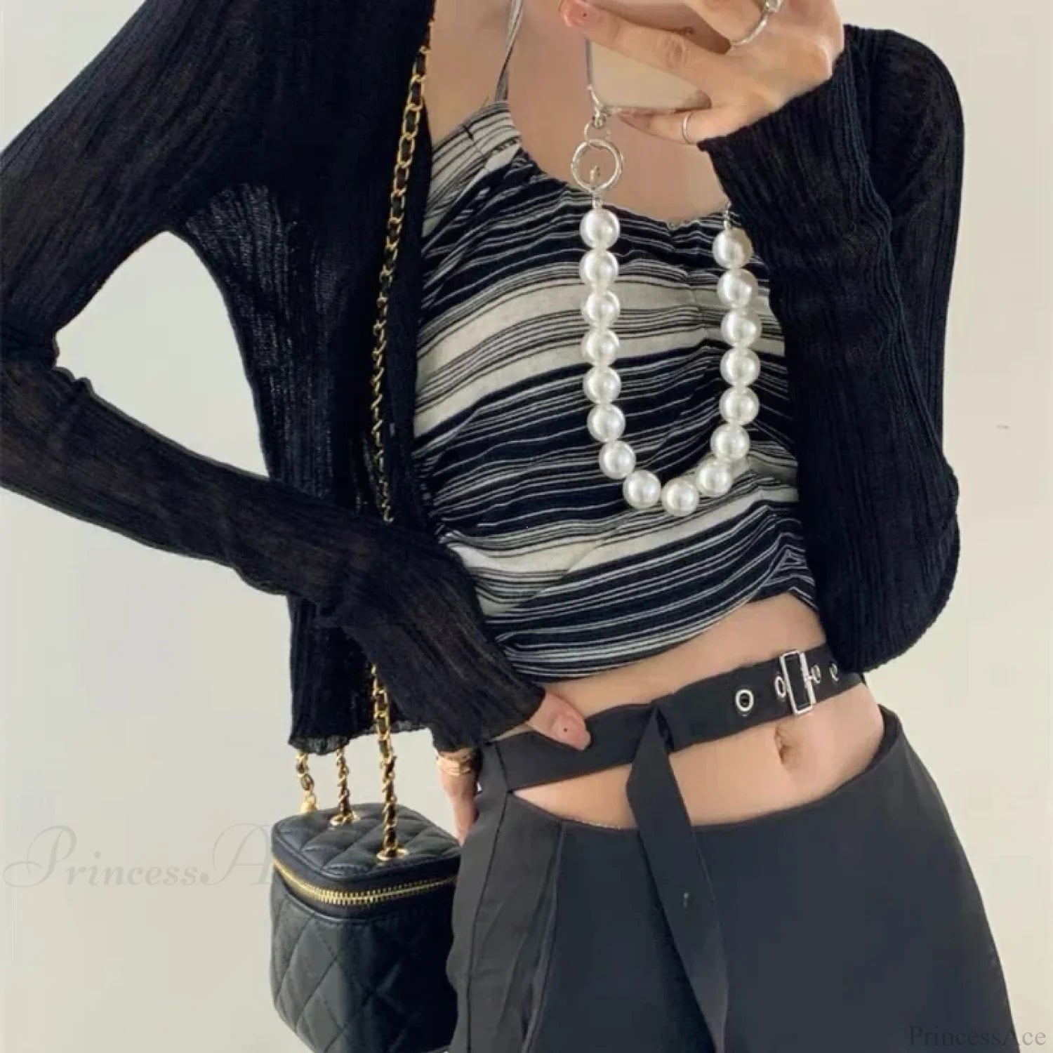 V-Neck Thin Long Sleeve Sunscreen Casual Black White Cardigan Black / One Size cardiagn-250126