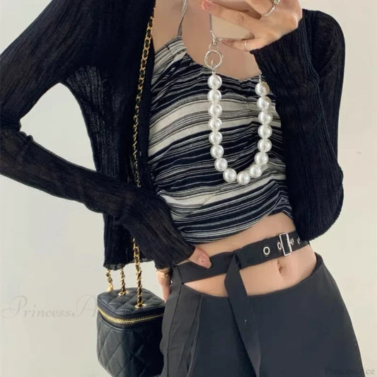 V-Neck Thin Long Sleeve Sunscreen Casual Black White Cardigan Black / One Size cardiagn-250126