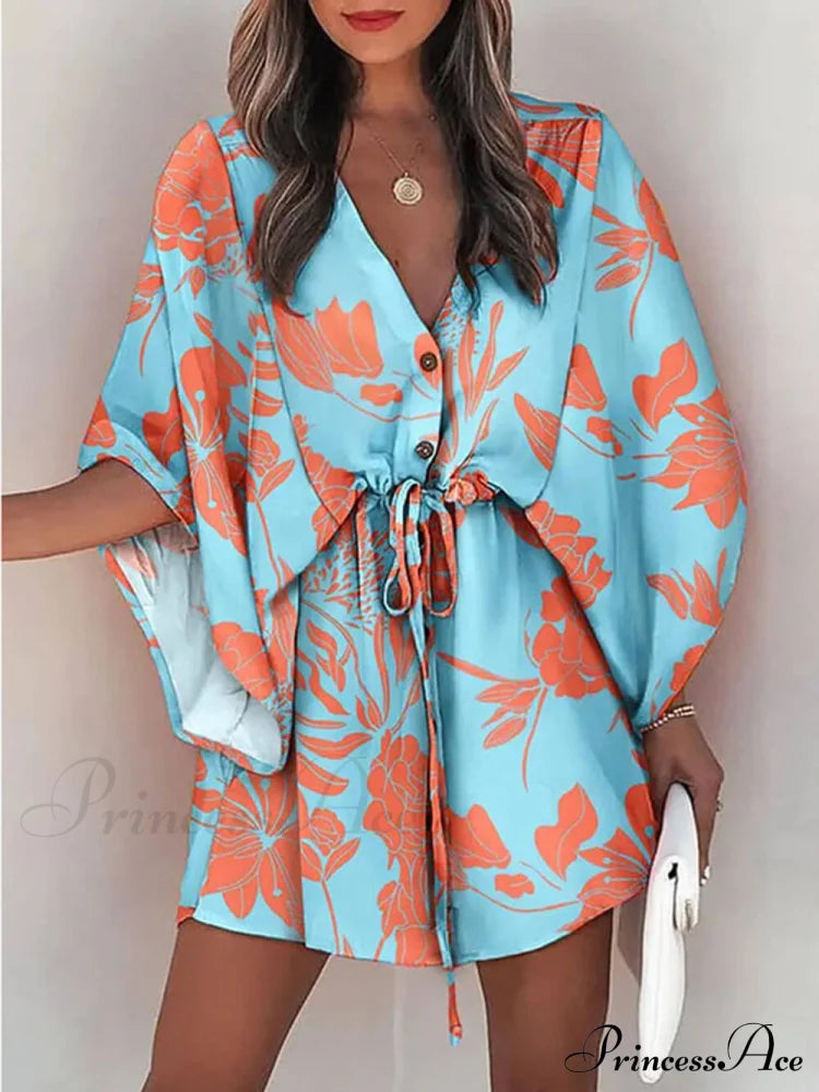 V-Neck Tie Printed Charming Batwing Sleeve Dress Blue / S Dresses