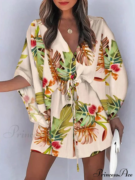 V-Neck Tie Printed Charming Batwing Sleeve Dress Khaki / S Dresses