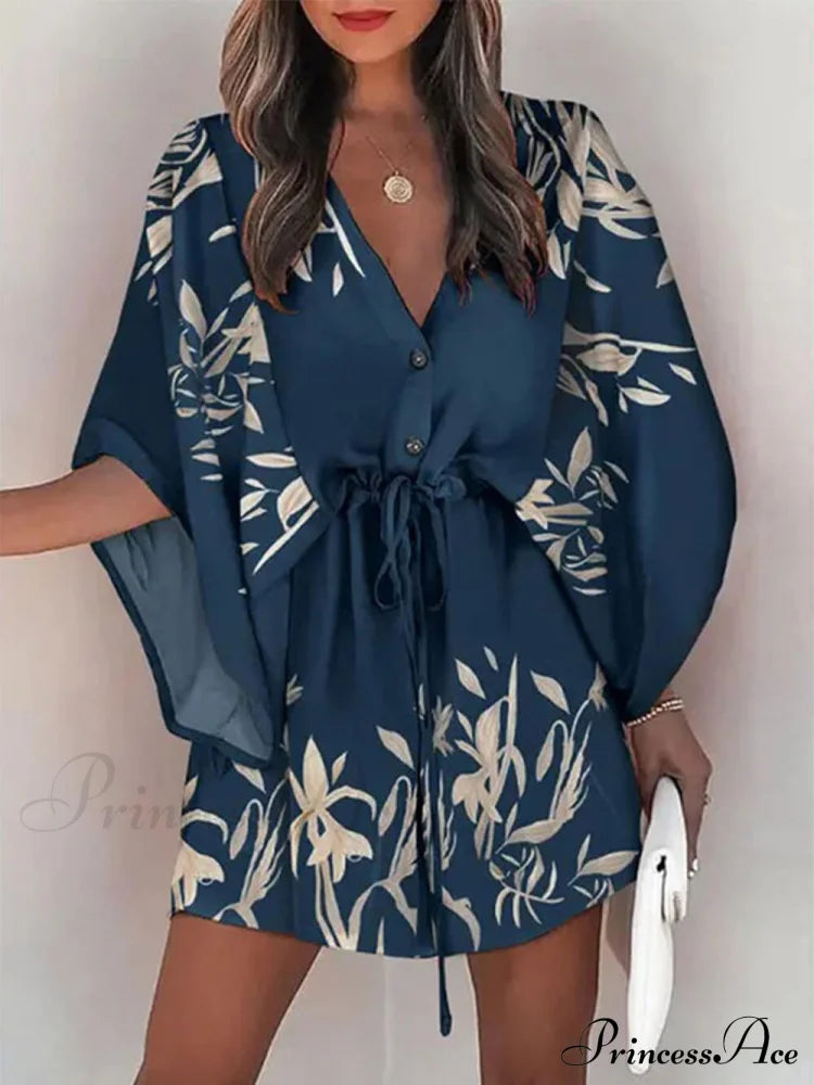 V-Neck Tie Printed Charming Batwing Sleeve Dress Navy Blue / S Dresses