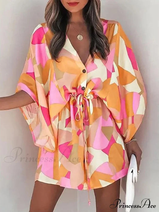 V-Neck Tie Printed Charming Batwing Sleeve Dress Pink / S Dresses