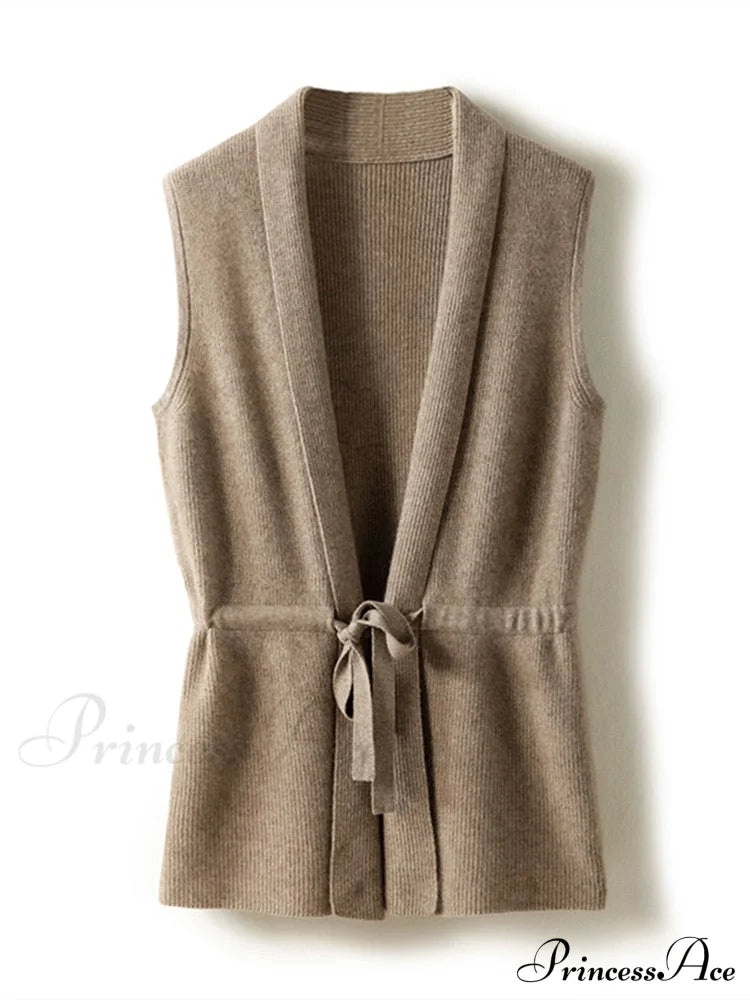 V-Neck Tie Vest Women’s Short Knit Cardigan Camel / S