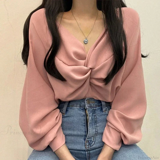 V-neck Twisted Lantern Sleeve Solid Casual Blouse blouse-250126