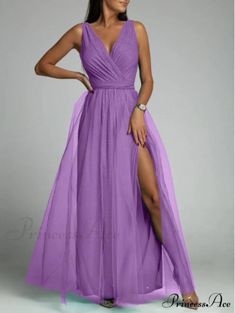 V-Neck Waist Slim Split Big Swing Shiny Dress S / Red Dresses