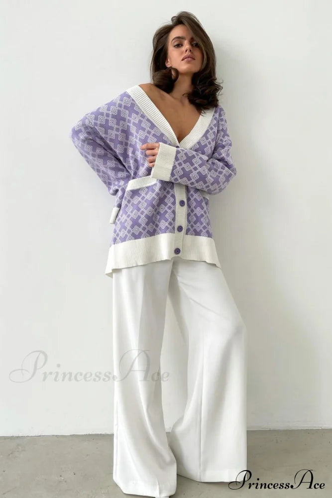 V Pattern Geometric Neck Cardigan Cardigans