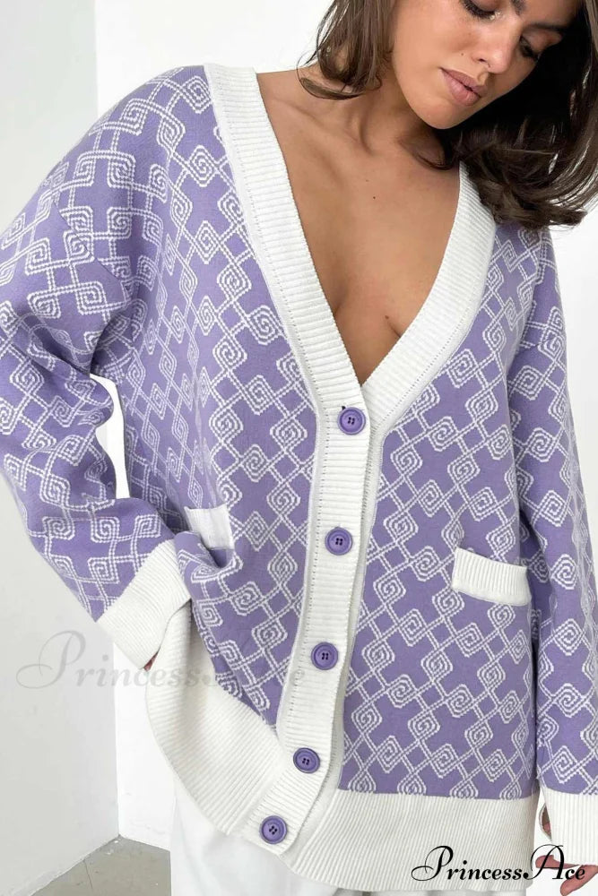 V Pattern Geometric Neck Cardigan Purple / S Cardigans