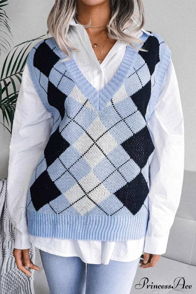 V Sweater Tank Checked With Knit Neck Blue / M Sweaters-L