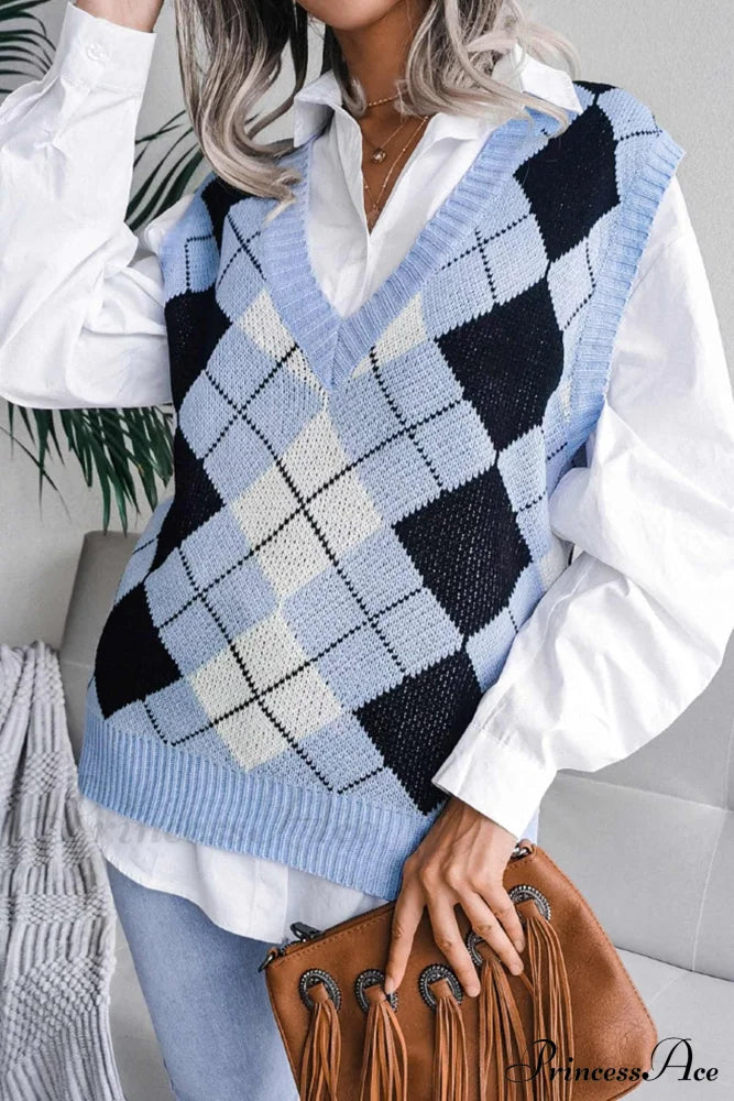 V Sweater Tank Checked With Knit Neck Blue / S Sweaters-L