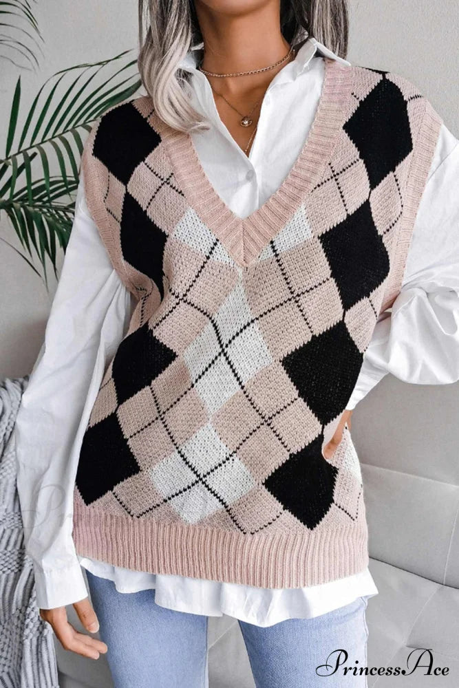 V Sweater Tank Checked With Knit Neck Pink / M Sweaters-L