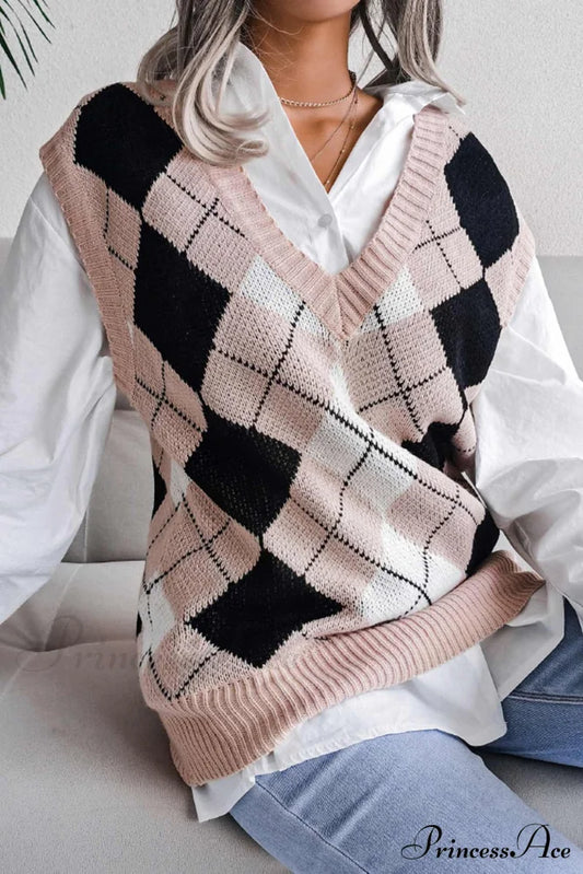 V Sweater Tank Checked With Knit Neck Pink / S Sweaters-L