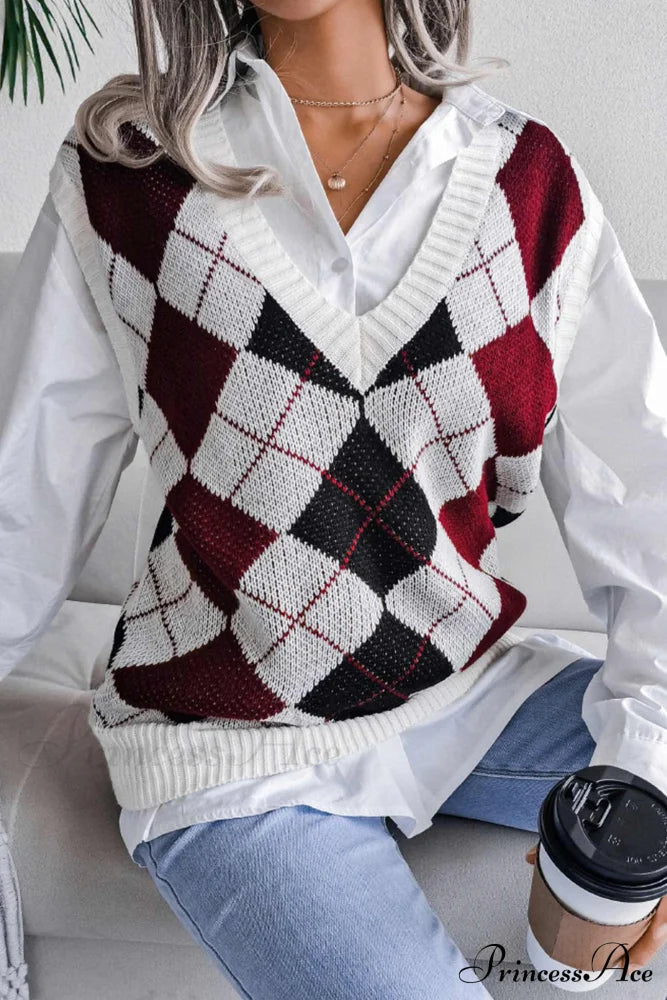 V Sweater Tank Checked With Knit Neck Red / S Sweaters-L