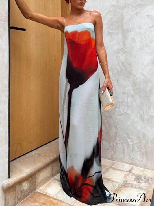 Vacation Abstract Tulip Print Graceful Slip H-Line Maxi Dress Dresses