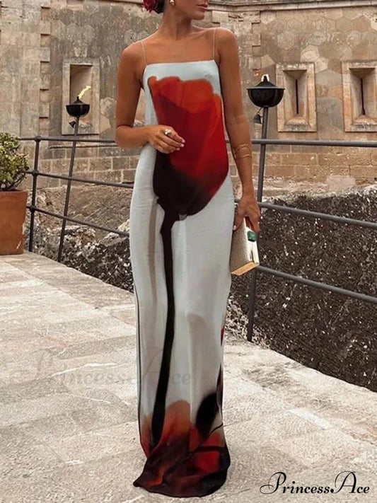 Vacation Abstract Tulip Print Graceful Slip H-Line Maxi Dress Light Blue / S Dresses