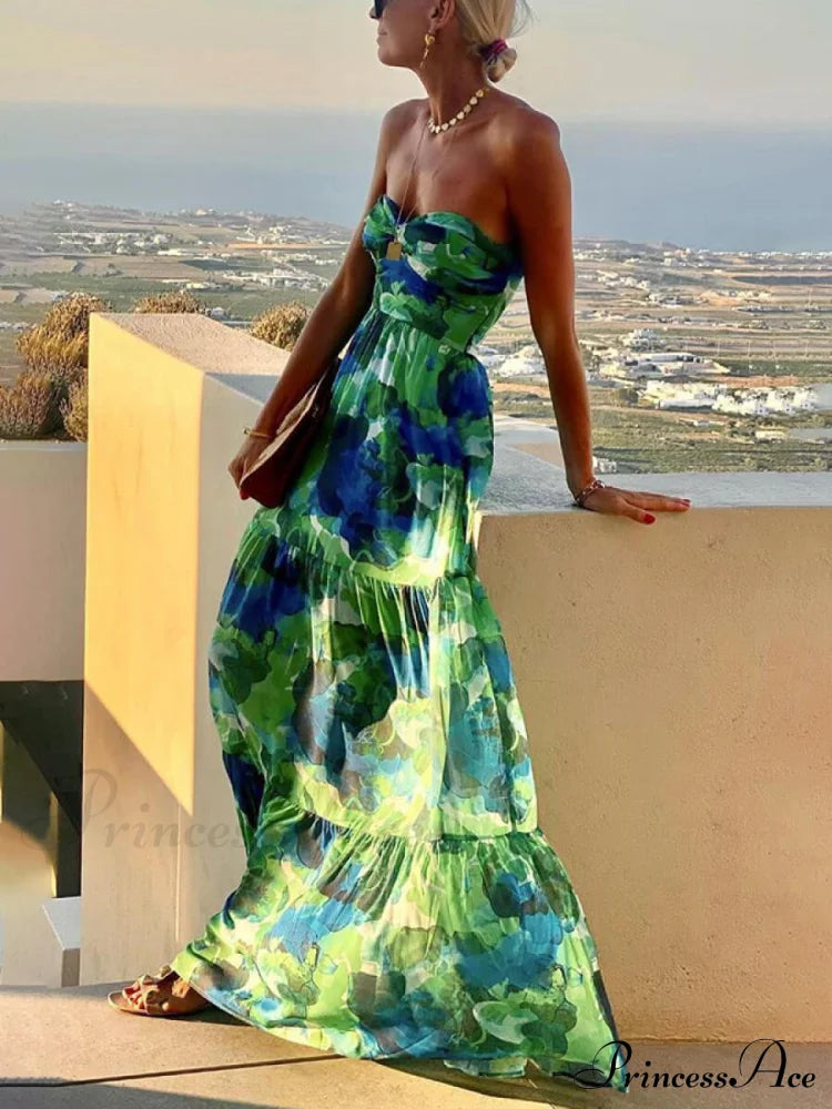 Vacation Casual Printed Charming Wrap-Around Maxi Dress Green / S Dresses