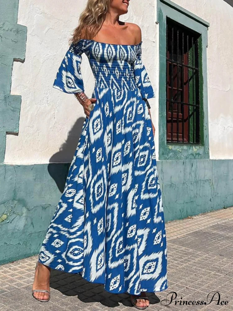 Vacation Ethnic Print Smocked Graceful Off Shoulder Pocketed Maxi Dress Blue / S Dresses