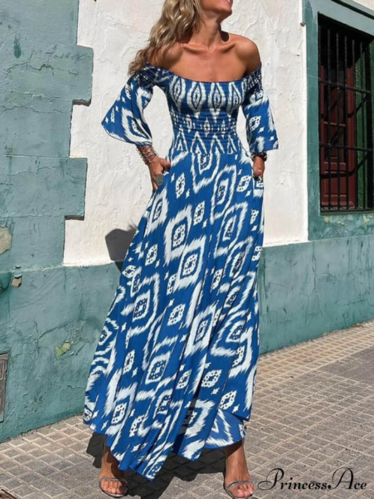 Vacation Ethnic Print Smocked Graceful Off Shoulder Pocketed Maxi Dress Dresses