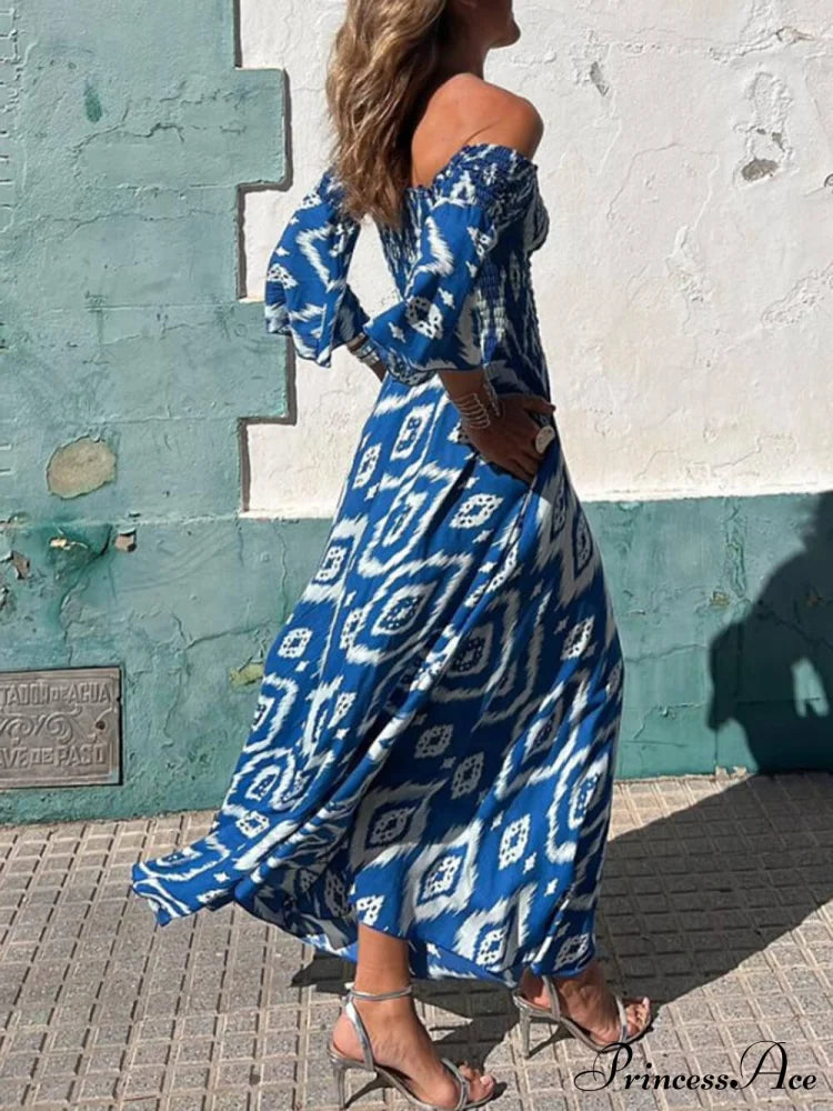 Vacation Ethnic Print Smocked Graceful Off Shoulder Pocketed Maxi Dress Dresses