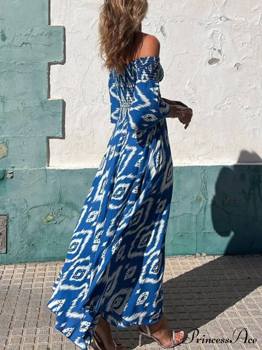 Vacation Ethnic Print Smocked Graceful Off Shoulder Pocketed Maxi Dress Dresses