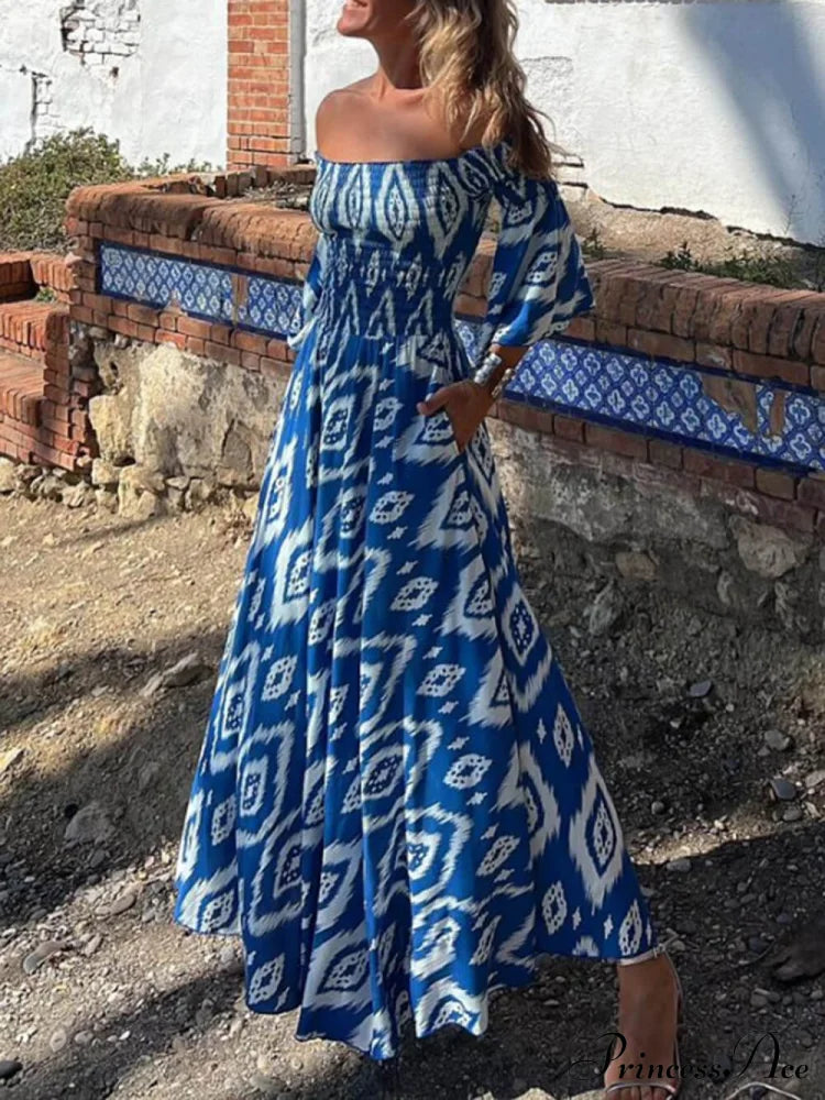 Vacation Ethnic Print Smocked Graceful Off Shoulder Pocketed Maxi Dress Dresses