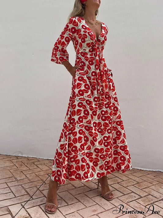 Vacation Floral Print Smocked Graceful Off Shoulder Pocketed Maxi Dress Red / S Dresses