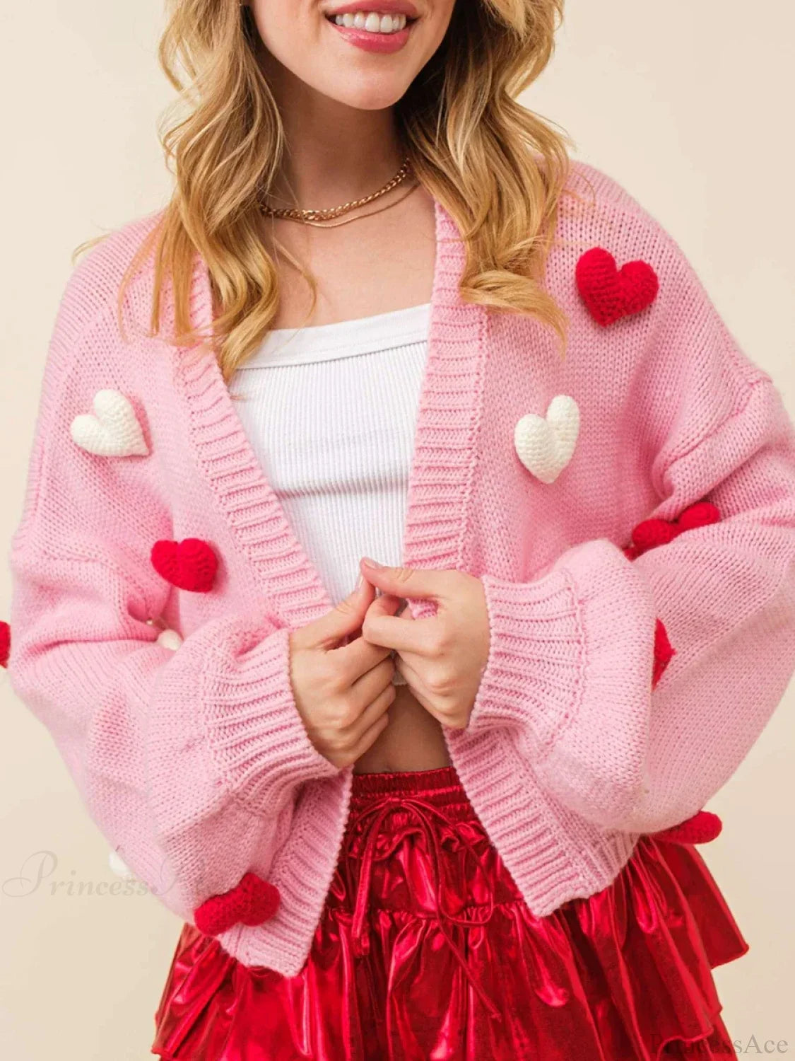 Valentine’s Day 3D Heart Embroidery Cardigan Pink / S