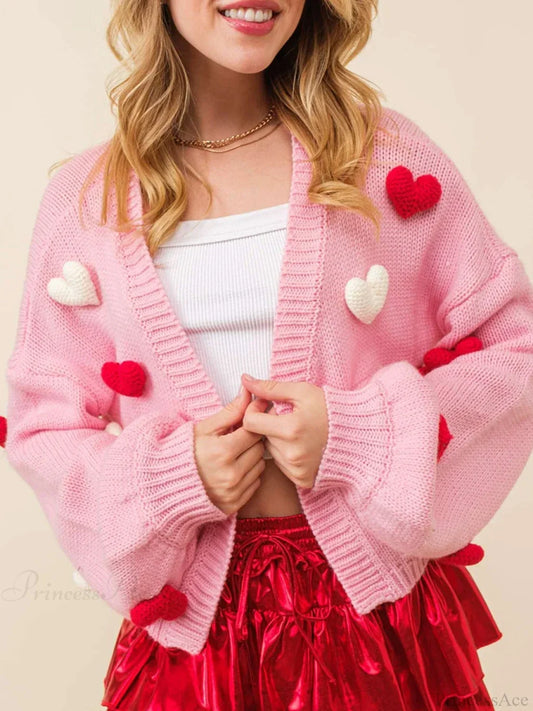 Valentine’s Day 3D Heart Embroidery Cardigan Pink / S