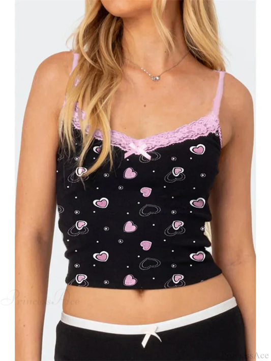 Valentine’s Hearts Lace Trim V-neck Crop Top croptop-250126