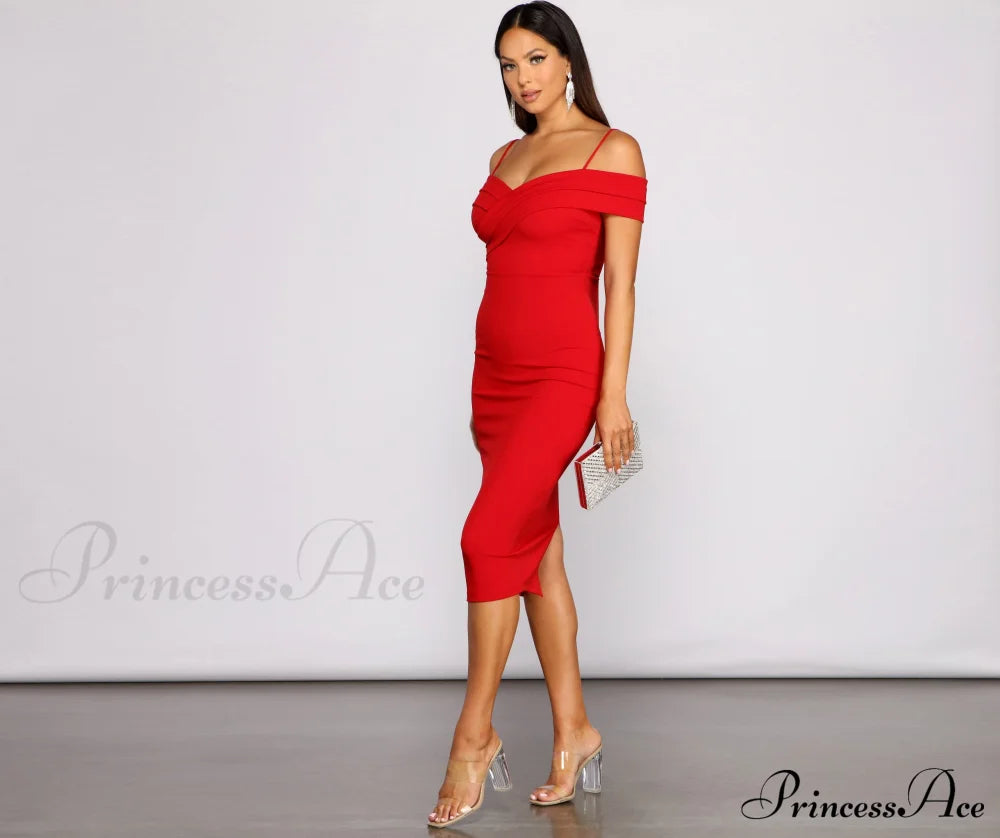 Valeria Formal Off The Graceful Shoulder Crepe Midi Dress S.o. Short Dresses