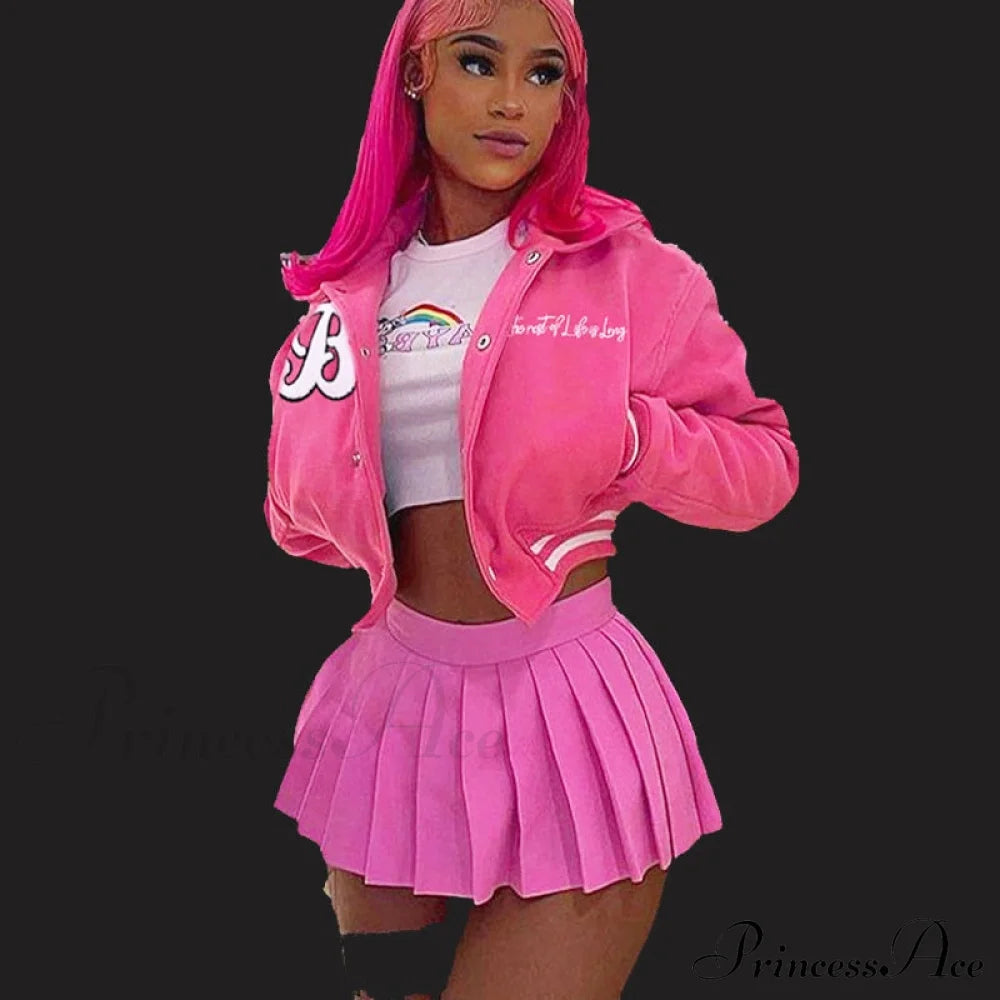 Varsity Baseball Cropped Jacket Pink / S