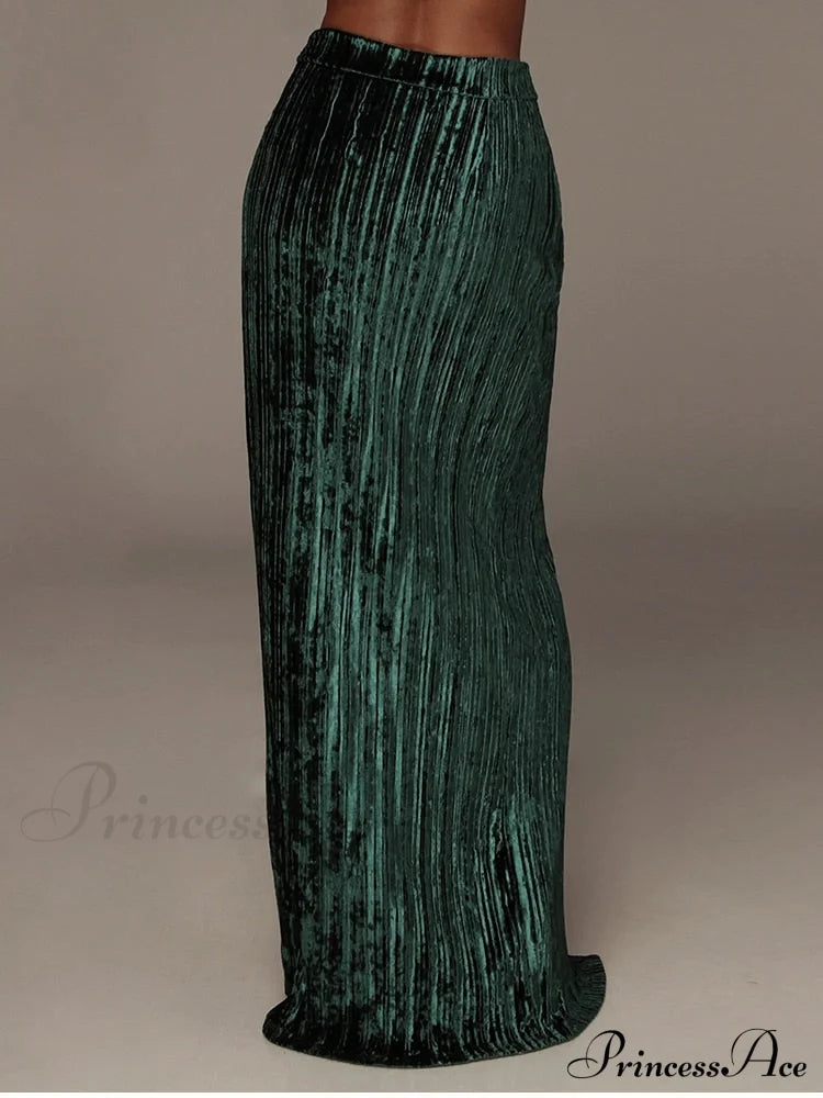 Velour Side Split Solid Color A Line High Waist Skirt