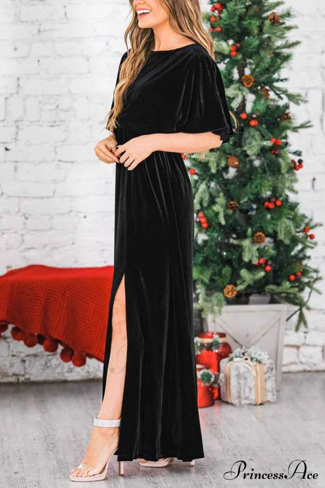 Velvet Crew Neck Midi Dress With High Slit Black / M Dresses