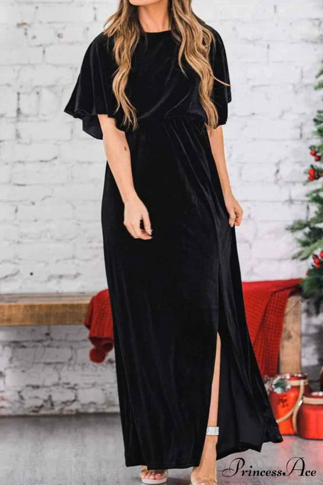 Velvet Crew Neck Midi Dress With High Slit Black / S Dresses