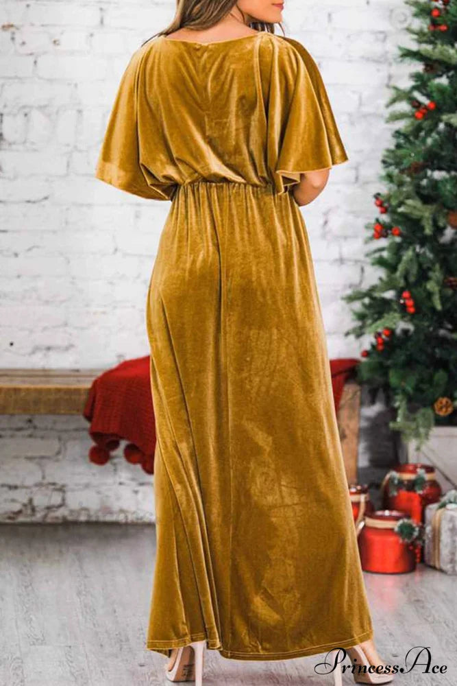 Velvet Crew Neck Midi Dress With High Slit Gold / L Dresses