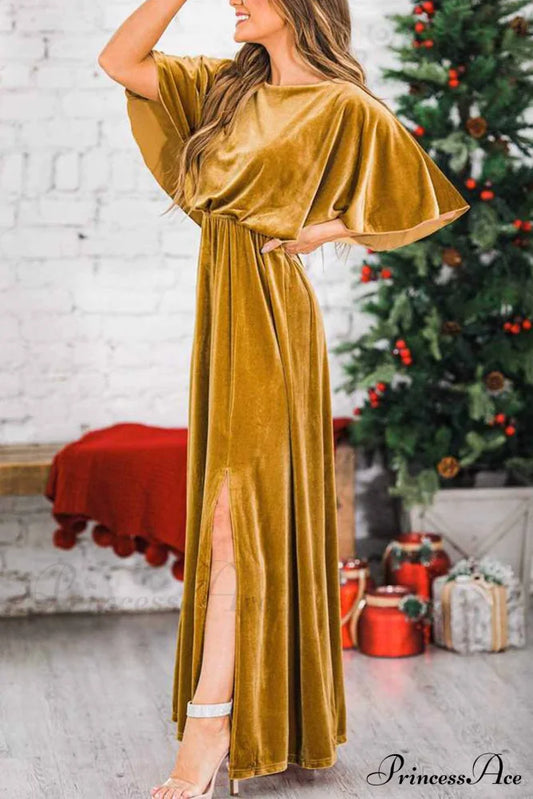 Velvet Crew Neck Midi Dress With High Slit Gold / S Dresses