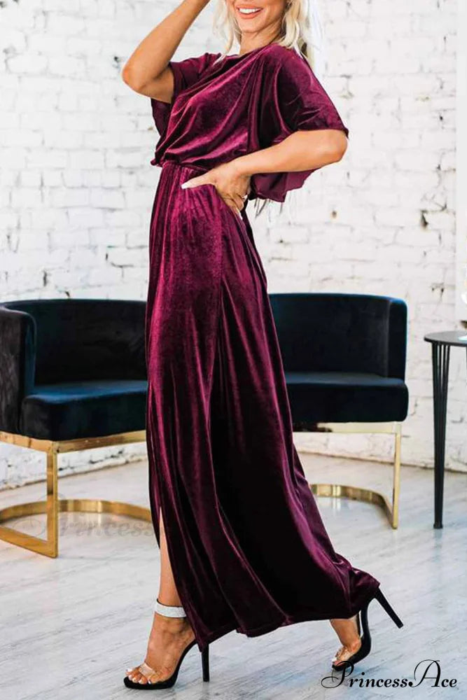 Velvet Crew Neck Midi Dress With High Slit Wine Red / M Dresses