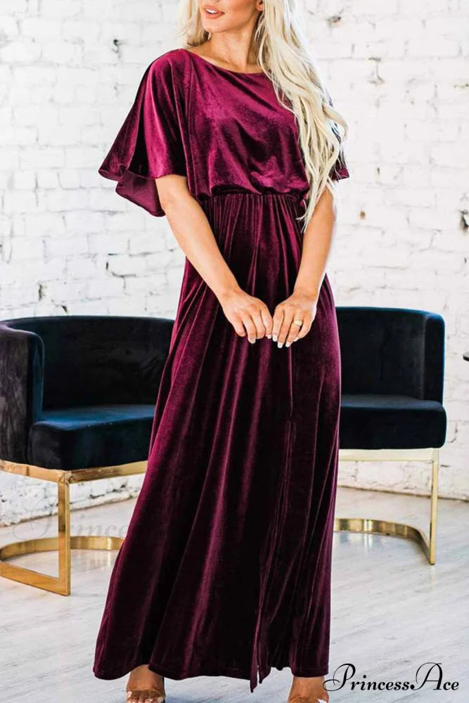 Velvet Crew Neck Midi Dress With High Slit Wine Red / S Dresses