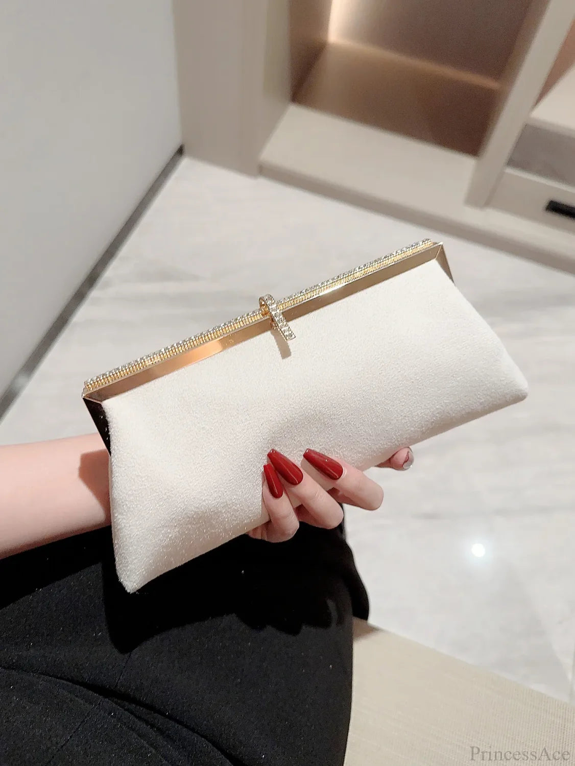Velvet Fish Hook Rhinestone Decorated Evening Clutch Party Wedding Bag WHITE / (20cm clutchbag-250126