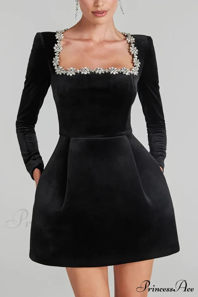 Velvet High Waist A-Line Party Dress Black Stylea / S Partydress-241208