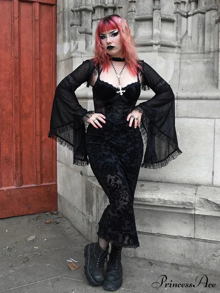 Velvet Lace Corset Bandage Midi Gothic Harajuku Street Mesh Print Sling Club Dress Halloween