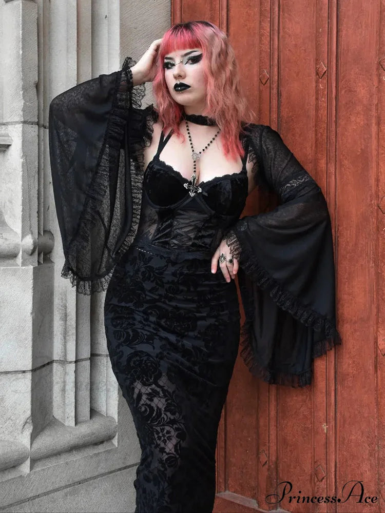 Velvet Lace Corset Bandage Midi Gothic Harajuku Street Mesh Print Sling Club Dress Halloween