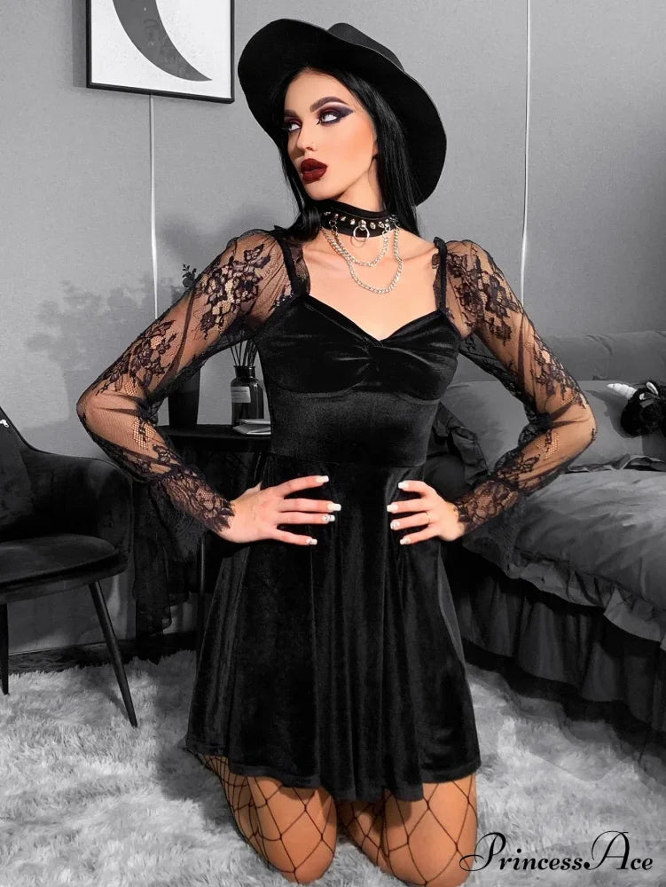 Velvet Lace Lantern Sleeve Twisted 40S 50S Retro V Neck Backless Bodycon Goth Dress Halloween