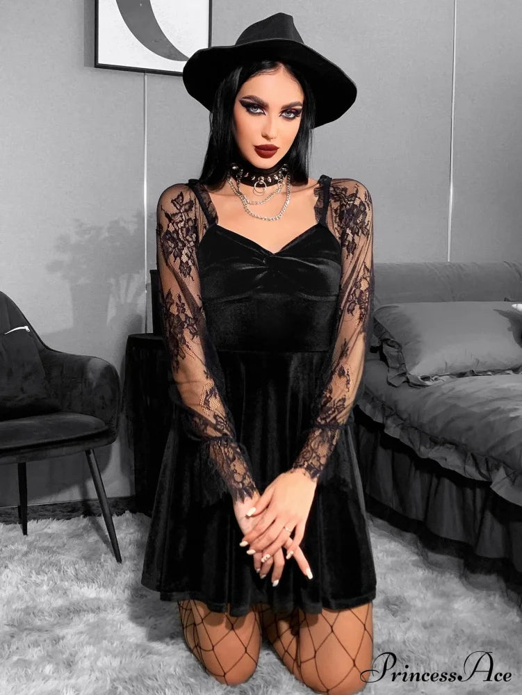 Velvet Lace Lantern Sleeve Twisted 40S 50S Retro V Neck Backless Bodycon Goth Dress Halloween