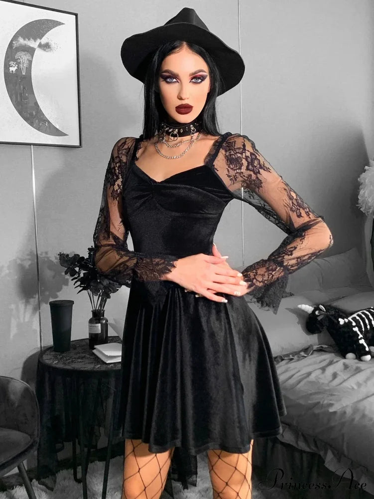 Velvet Lace Lantern Sleeve Twisted 40S 50S Retro V Neck Backless Bodycon Goth Dress Halloween