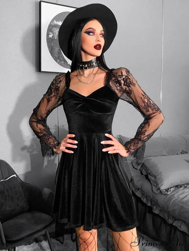 Velvet Lace Lantern Sleeve Twisted 40S 50S Retro V Neck Backless Bodycon Goth Dress Halloween