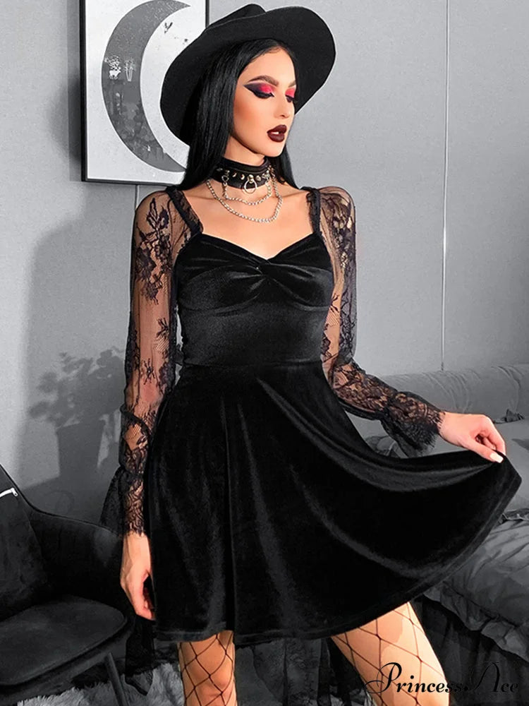 Velvet Lace Lantern Sleeve Twisted 40S 50S Retro V Neck Backless Bodycon Goth Dress Halloween